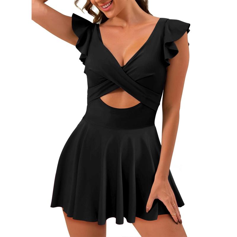 Aleundr Women's One Piece Swimsuit Ruffle Cutout Swimdress Tummy Control V Neck Wrap Swimwear Swimming Sport Clothing Beach Dealsforyoudays