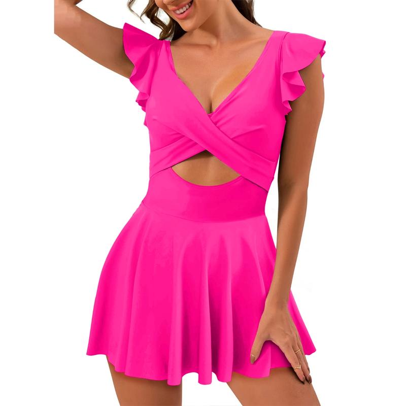 Aleundr Women's One Piece Swimsuit Ruffle Cutout Swimdress Tummy Control V Neck Wrap Swimwear Swimming Sport Clothing Beach Dealsforyoudays