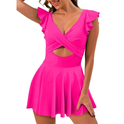 Aleundr Women's One Piece Swimsuit Ruffle Cutout Swimdress Tummy Control V Neck Wrap Swimwear Swimming Sport Clothing Beach Dealsforyoudays