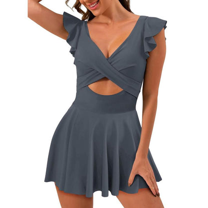 Aleundr Women's One Piece Swimsuit Ruffle Cutout Swimdress Tummy Control V Neck Wrap Swimwear Swimming Sport Clothing Beach Dealsforyoudays