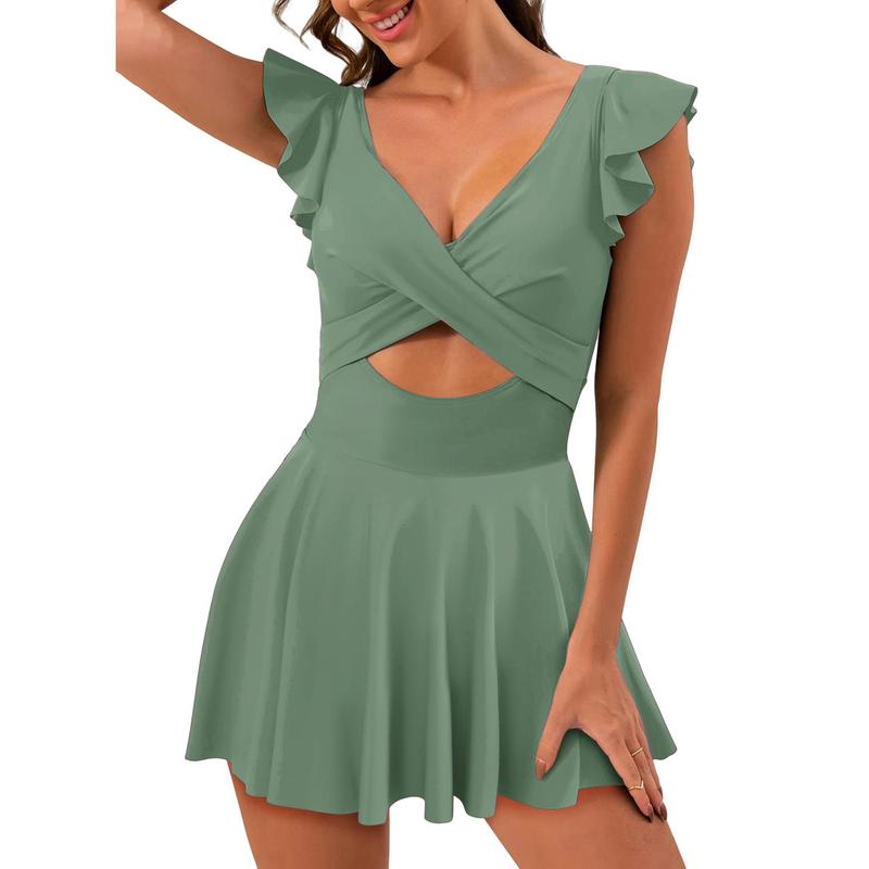 Aleundr Women's One Piece Swimsuit Ruffle Cutout Swimdress Tummy Control V Neck Wrap Swimwear Swimming Sport Clothing Beach Dealsforyoudays